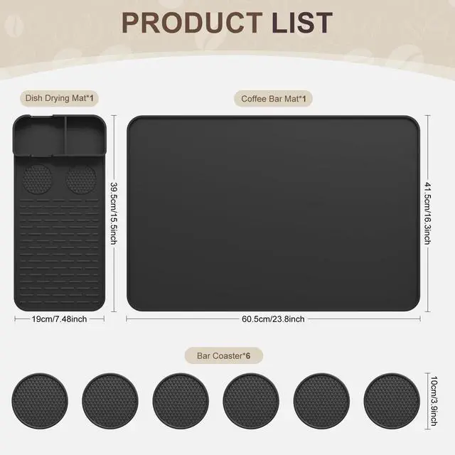 Alt view image 2 of 7 - Silicone Coffee Mat with 6 Coasters,24"x16" Counter Bar Mat Fits Under Coffee Maker/Pot & Espresso Machine, Bar Aceessories,Detachable Drying Pad for Tamper,Sugar Packets,Cups & Countertop Protection