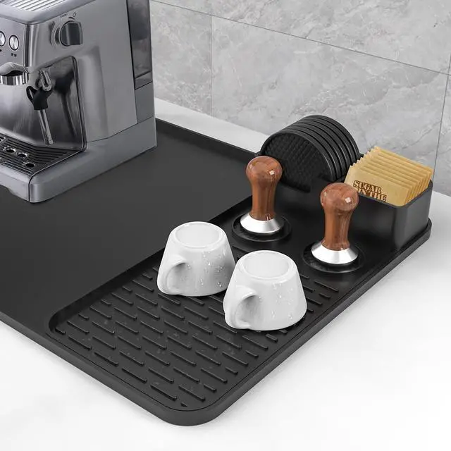 Alt view image 5 of 7 - Silicone Coffee Mat with 6 Coasters,24"x16" Counter Bar Mat Fits Under Coffee Maker/Pot & Espresso Machine, Bar Aceessories,Detachable Drying Pad for Tamper,Sugar Packets,Cups & Countertop Protection