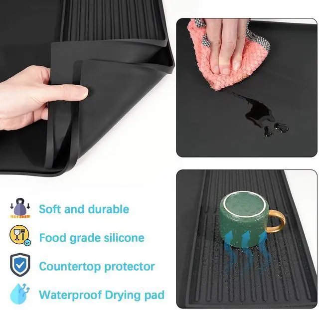 Alt view image 3 of 7 - Silicone Coffee Mat Set - 24" x 16" Coffee Bar Mat for Countertop, Kitchen Station Pad Accessories Fit Under Coffee Maker or Machine, Dish Drying Mat, Heat Resistant Kitchen Gadget, Black