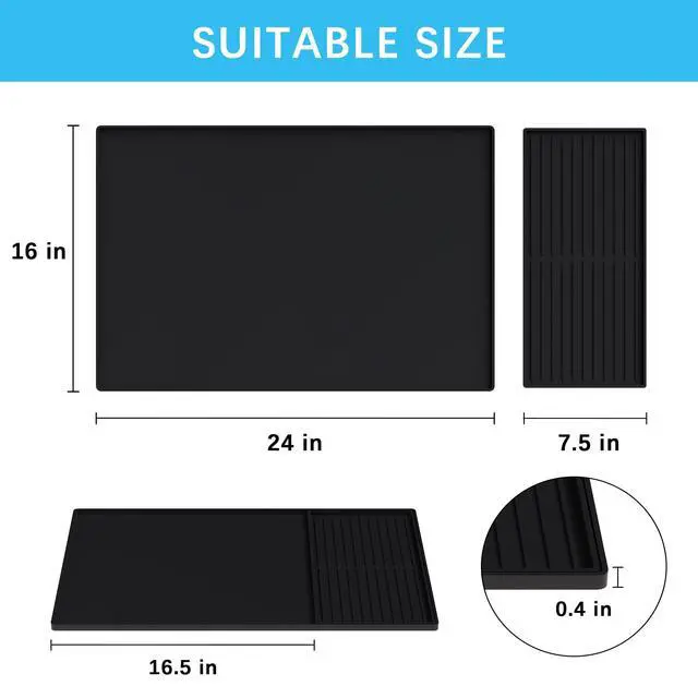 Alt view image 5 of 7 - Silicone Coffee Mat Set - 24" x 16" Coffee Bar Mat for Countertop, Kitchen Station Pad Accessories Fit Under Coffee Maker or Machine, Dish Drying Mat, Heat Resistant Kitchen Gadget, Black