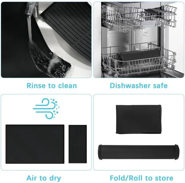 Alt view image 6 of 7 - Silicone Coffee Mat Set - 24" x 16" Coffee Bar Mat for Countertop, Kitchen Station Pad Accessories Fit Under Coffee Maker or Machine, Dish Drying Mat, Heat Resistant Kitchen Gadget, Black