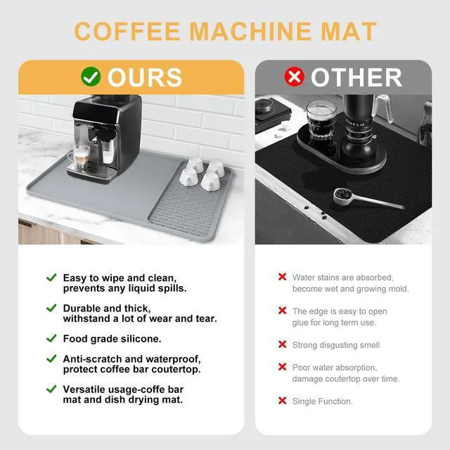 Alt view image 6 of 7 - Silicone Coffee Mat, 24'' x 16'' Bar Mat with Detachable Dish Drying Mat for Countertops, Fits Under Coffee Maker, Machine, Espresso Machine, Dish Rack