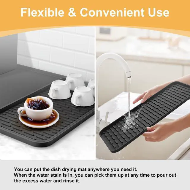 Alt view image 4 of 7 - Silicone Coffee Mat, 24''x16'' Bar Mat with Detachable Dish Drying Mat - Fits Under Coffee Maker & Dish Rack