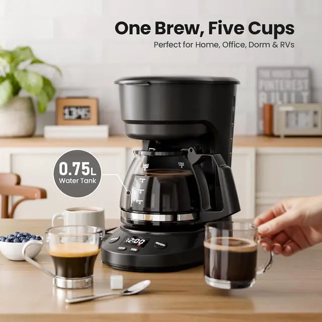 Alt view image 2 of 7 - 5-Cup Drip Coffee Machine with LED Display, Small Coffee Maker with Anti-Drip, Timer, Auto Shut-Off, Dry-Boil Protection, Removable Funnel, Compact, Ideal for Home & Office
