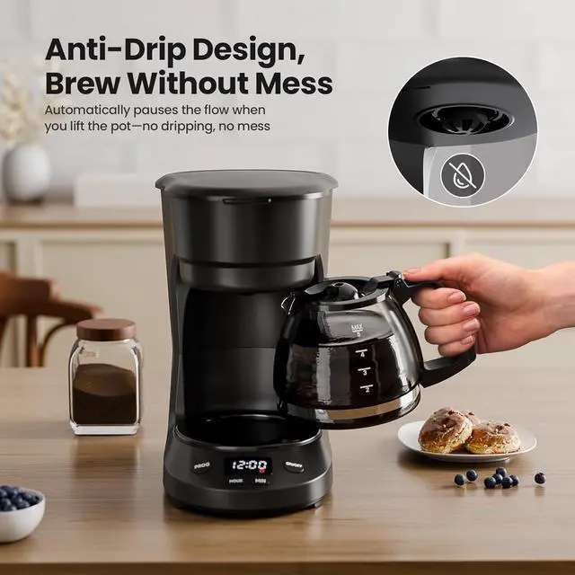 Alt view image 3 of 7 - 5-Cup Drip Coffee Machine with LED Display, Small Coffee Maker with Anti-Drip, Timer, Auto Shut-Off, Dry-Boil Protection, Removable Funnel, Compact, Ideal for Home & Office