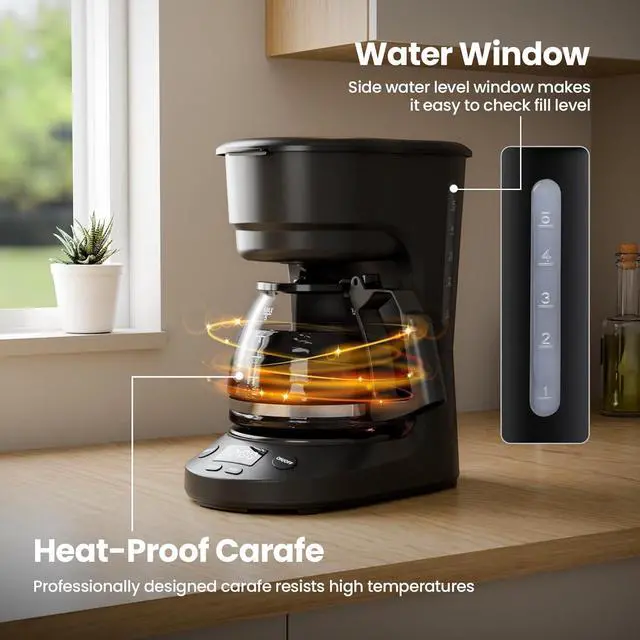 Alt view image 6 of 7 - 5-Cup Drip Coffee Machine with LED Display, Small Coffee Maker with Anti-Drip, Timer, Auto Shut-Off, Dry-Boil Protection, Removable Funnel, Compact, Ideal for Home & Office