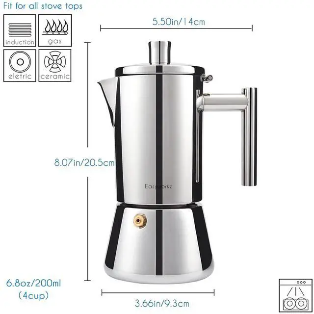 Alt view image 3 of 7 - Diego Stovetop Espresso Maker Stainless Steel Italian Coffee Machine Maker 4Cup 6.8 oz Induction Moka Pot