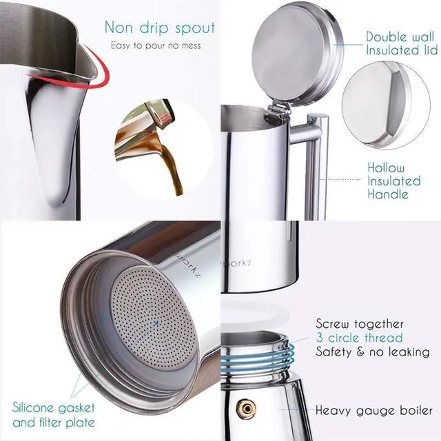 Alt view image 4 of 7 - Diego Stovetop Espresso Maker Stainless Steel Italian Coffee Machine Maker 4Cup 6.8 oz Induction Moka Pot