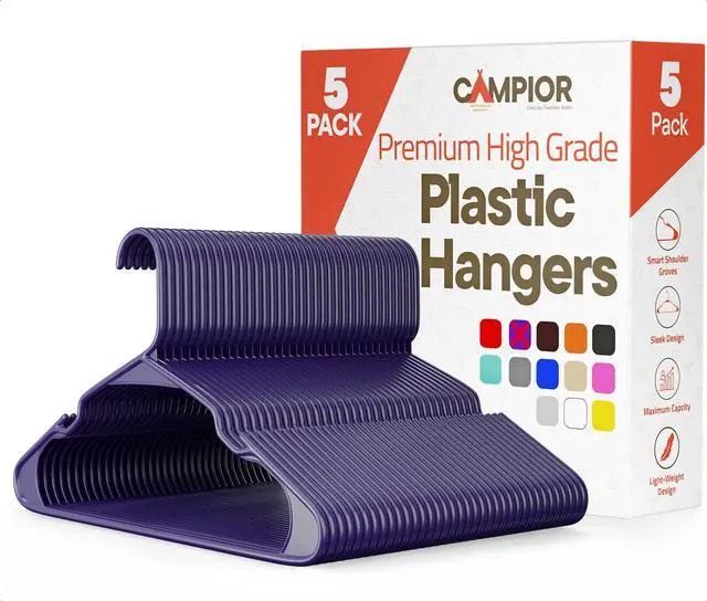 Main image of Purple Plastic Hangers 5 Pack Heavy-Duty Plastic Hangers Slim and Space-Saving, Durable and Lightweight with Non-Slip Shoulder Notches for Slip Dresses, Suits, Jackets & Camisoles
