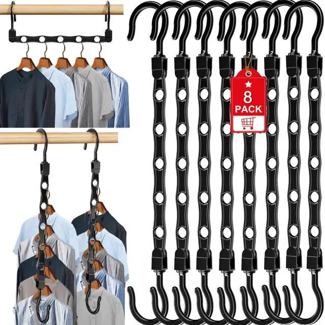 Main image of 8 Pack Hangers Space Saving Magic Space Saver Storage Smart Plastic Clothes Hanger Organizer Closet Organizers and Storage for Closet Wardrobe Apartment College Dorm Room Essentials, Black