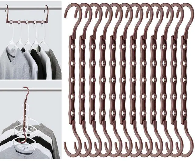 Main image of Space Saving Hangers for Clothes, 12 pcs, Mahogany Color, Plastic Multi Clothes Hangers Space Saving, 5 Slots, 360° Rotating Hooks