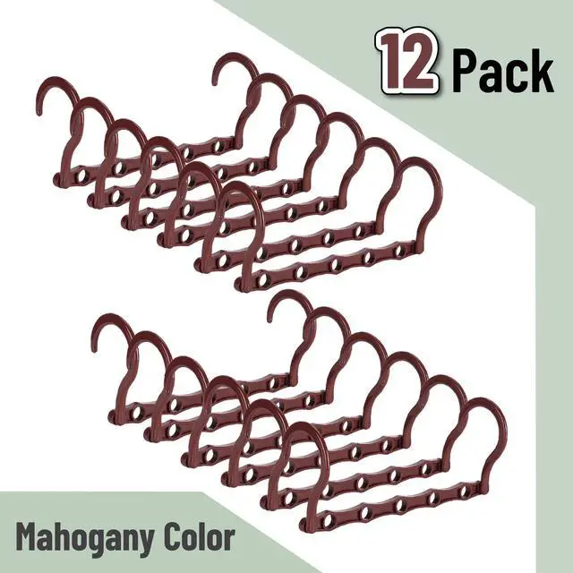 Alt view image 2 of 7 - Space Saving Hangers for Clothes, 12 pcs, Mahogany Color, Plastic Multi Clothes Hangers Space Saving, 5 Slots, 360° Rotating Hooks