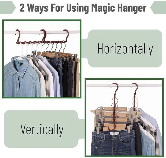 Alt view image 4 of 7 - Space Saving Hangers for Clothes, 12 pcs, Mahogany Color, Plastic Multi Clothes Hangers Space Saving, 5 Slots, 360° Rotating Hooks