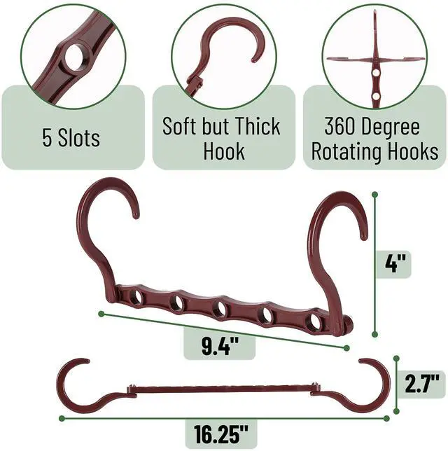 Alt view image 3 of 7 - Space Saving Hangers for Clothes, 12 pcs, Mahogany Color, Plastic Multi Clothes Hangers Space Saving, 5 Slots, 360° Rotating Hooks