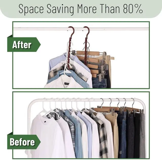 Alt view image 6 of 7 - Space Saving Hangers for Clothes, 12 pcs, Mahogany Color, Plastic Multi Clothes Hangers Space Saving, 5 Slots, 360° Rotating Hooks