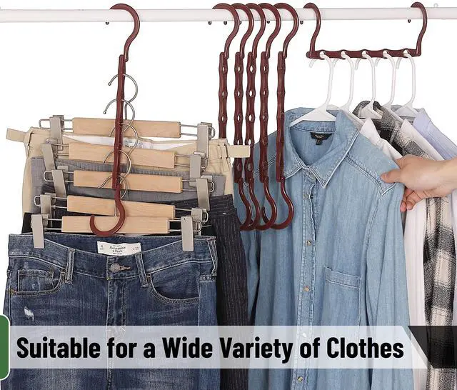 Alt view image 7 of 7 - Space Saving Hangers for Clothes, 12 pcs, Mahogany Color, Plastic Multi Clothes Hangers Space Saving, 5 Slots, 360° Rotating Hooks
