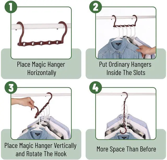Alt view image 5 of 7 - Space Saving Hangers for Clothes, 12 pcs, Mahogany Color, Plastic Multi Clothes Hangers Space Saving, 5 Slots, 360° Rotating Hooks