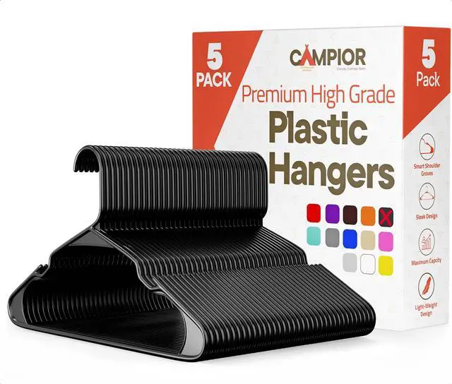 Main image of Black Plastic Hangers 5 Pack Heavy-Duty Plastic Hangers Slim and Space-Saving, Durable and Lightweight PP with Non-Slip Shoulder Notches for Slip Dresses, Suits, Jackets & Camisoles