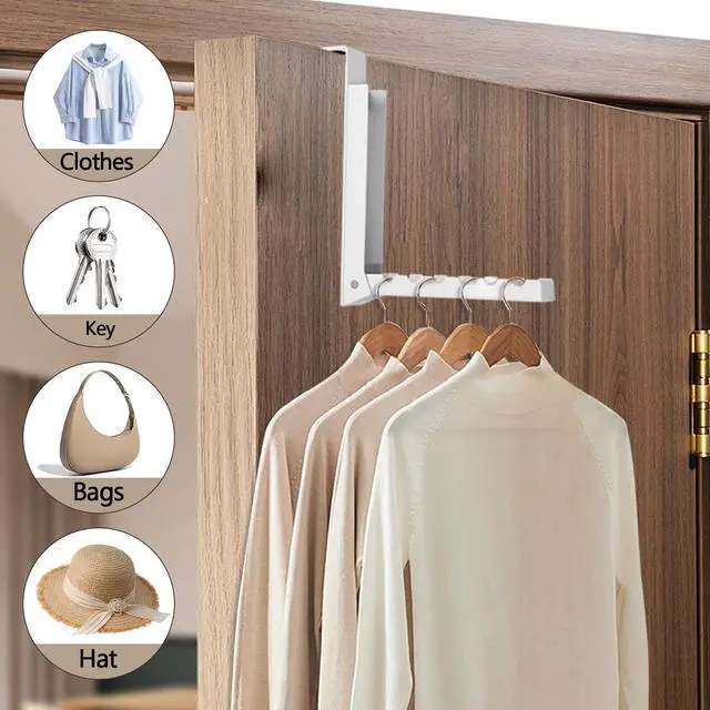 Alt view image 7 of 7 - Foldable Over The Door Hanger Hooks for Clothes, Collapsible Folding Over The Door Drying Rack for Laundry Dorm Bedroom, Portable Clothing Coat Rack Overdoor Hanger, White