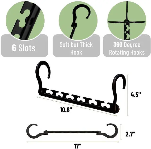 Alt view image 3 of 7 - Space Saving Hangers for Clothes, 12 pcs, Black, Plastic Multi Clothes Hangers Space Saving, 6 Slots, 360° Rotating Hooks