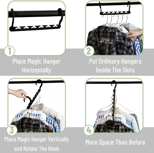 Alt view image 5 of 7 - Space Saving Hangers for Clothes, 12 pcs, Black, Plastic Multi Clothes Hangers Space Saving, 6 Slots, 360° Rotating Hooks