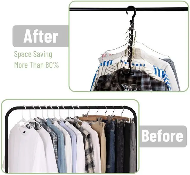 Alt view image 6 of 7 - Space Saving Hangers for Clothes, 12 pcs, Black, Plastic Multi Clothes Hangers Space Saving, 6 Slots, 360° Rotating Hooks