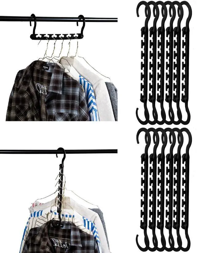 Main image of Space Saving Hangers for Clothes, 12 pcs, Black, Plastic Multi Clothes Hangers Space Saving, 6 Slots, 360° Rotating Hooks