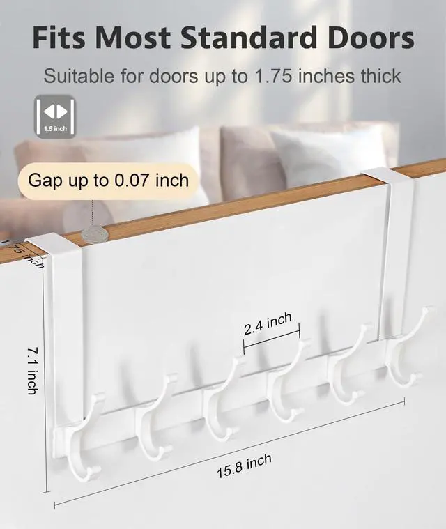 Alt view image 6 of 7 - Over The Door Hooks, Door Hanger Hooks for Hanging, Over The Doors Towel Racks for Bathroom, Coat Rack Dorm Essentials (1Pack, White, Fit 1-3/4" Doors)