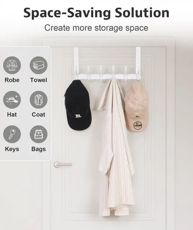 Alt view image 5 of 7 - Over The Door Hooks, Door Hanger Hooks for Hanging, Over The Doors Towel Racks for Bathroom, Coat Rack Dorm Essentials (1Pack, White, Fit 1-3/4" Doors)