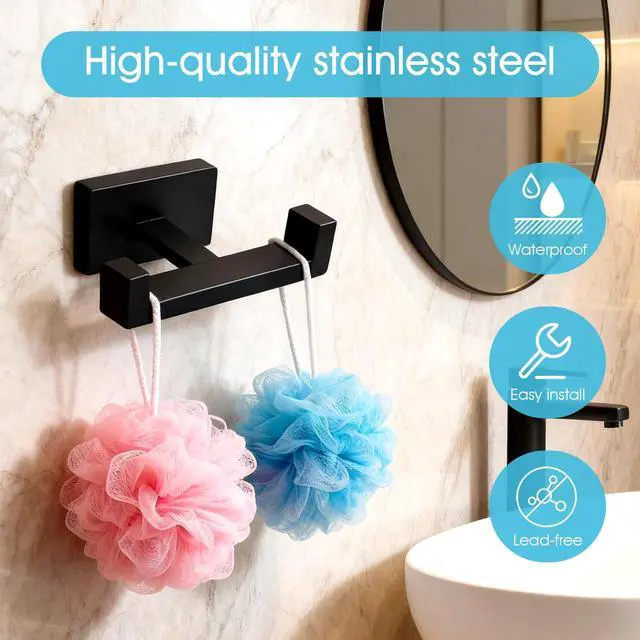 Alt view image 3 of 7 - Double Towel Hook, Stainless Steel Wall Mounted Bathroom Hooks, Matte Black Coat Robe Hanger for Kitchen, Hotel, Pool