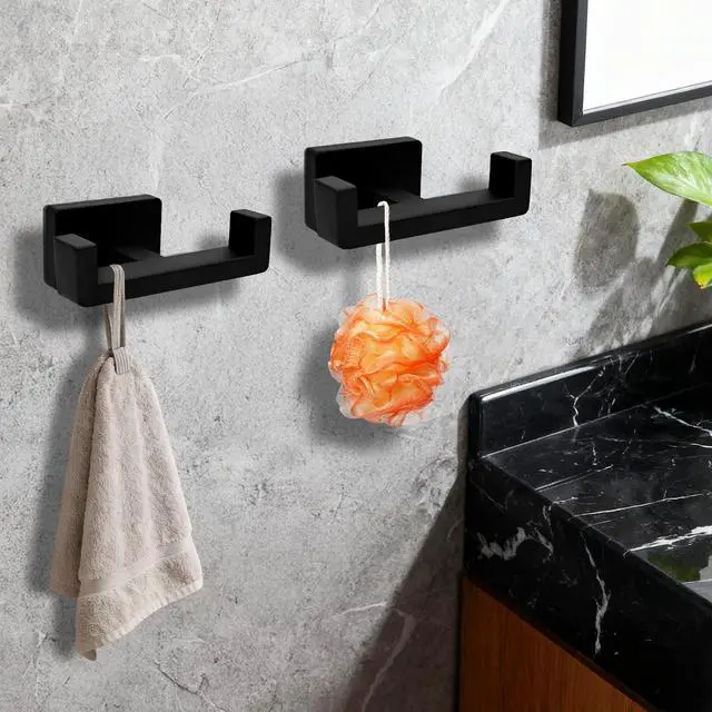 Alt view image 5 of 7 - Double Towel Hook, Stainless Steel Wall Mounted Bathroom Hooks, Matte Black Coat Robe Hanger for Kitchen, Hotel, Pool