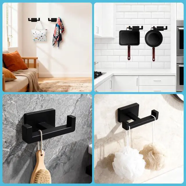 Alt view image 7 of 7 - Double Towel Hook, Stainless Steel Wall Mounted Bathroom Hooks, Matte Black Coat Robe Hanger for Kitchen, Hotel, Pool