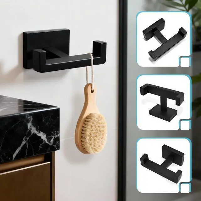 Alt view image 6 of 7 - Double Towel Hook, Stainless Steel Wall Mounted Bathroom Hooks, Matte Black Coat Robe Hanger for Kitchen, Hotel, Pool
