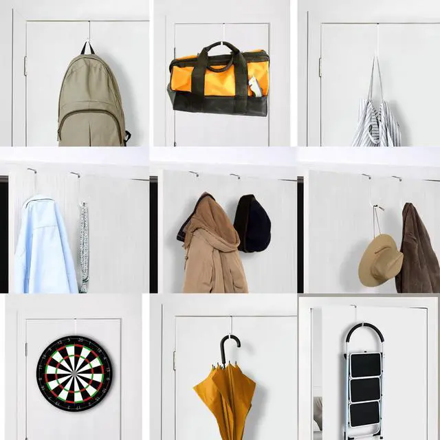 Alt view image 5 of 6 - Over The Door Hooks, 4 Pack Steel Door Hangers Hook w/Rubber Coating, Fit 0.7''-1.4'' Door Width, Organizer for Living Room, Bedroom, Bathroom, Kitchen Hanging Clothes, Towels, Hat, Bag