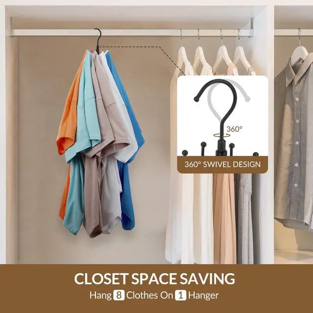 Alt view image 3 of 6 - Space Saving Hangers for Clothes,Rotatable Sturdy Shirt Hangers with 8 Hooks, Non Slip Multiple Shirt Organizer for T-Shirts Sweatshirts Hoodies, Black