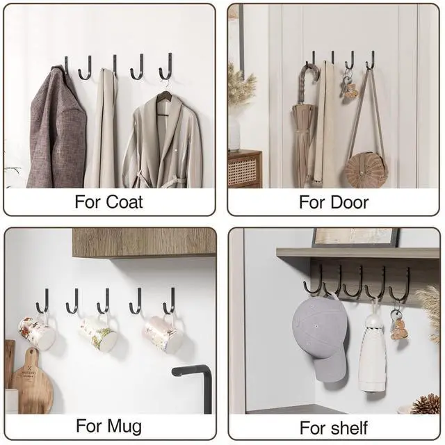 Alt view image 6 of 7 - Wall Hooks for Hanging Towel/Coat - 22LB Screw in Metal Hanger Wall Mount, for Outdoor, Closet, Door, Bathrooms, for Backpack, Robe, Black 5 Pack