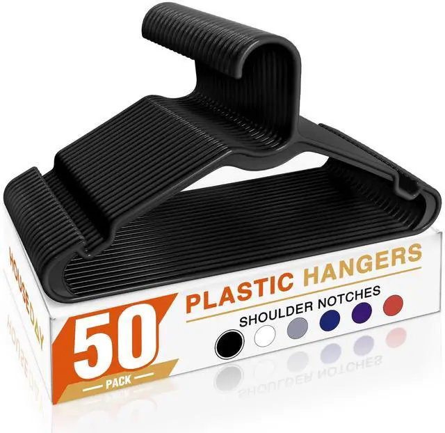 Main image of Black Plastic Hangers 50 Pack - Made in USA - Lightweight & Slim Space Saving Clothes Hanger with Shoulder Grooves for Dresses, Lingerie, Shirts, Pants, Durable Closet Organizers and Storage
