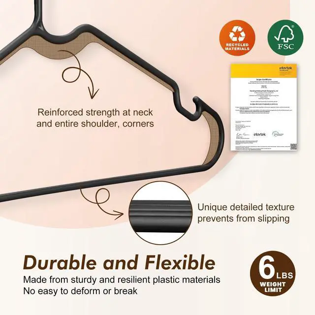 Alt view image 2 of 7 - Black Plastic Hangers 50 Pack - Made in USA - Lightweight & Slim Space Saving Clothes Hanger with Shoulder Grooves for Dresses, Lingerie, Shirts, Pants, Durable Closet Organizers and Storage