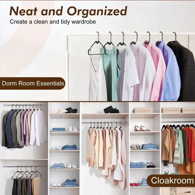 Alt view image 3 of 7 - Black Plastic Hangers 50 Pack - Made in USA - Lightweight & Slim Space Saving Clothes Hanger with Shoulder Grooves for Dresses, Lingerie, Shirts, Pants, Durable Closet Organizers and Storage