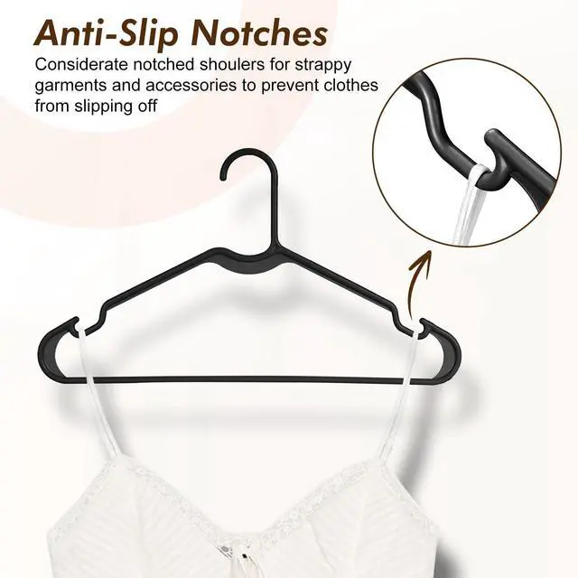 Alt view image 4 of 7 - Black Plastic Hangers 50 Pack - Made in USA - Lightweight & Slim Space Saving Clothes Hanger with Shoulder Grooves for Dresses, Lingerie, Shirts, Pants, Durable Closet Organizers and Storage