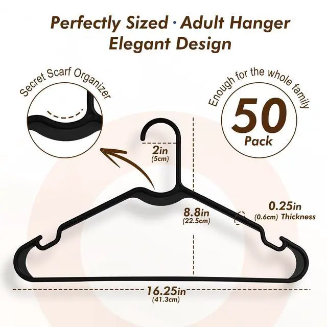 Alt view image 7 of 7 - Black Plastic Hangers 50 Pack - Made in USA - Lightweight & Slim Space Saving Clothes Hanger with Shoulder Grooves for Dresses, Lingerie, Shirts, Pants, Durable Closet Organizers and Storage