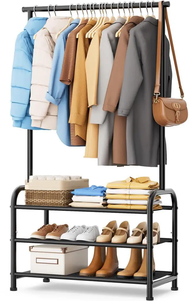 Main image of Sturdy Clothing Racks for Hanging Clothes with 3 Shelves Garment Rack Heavy Duty Clothes Rack with Shoe Storage for Coats, Garment, Dress, Black
