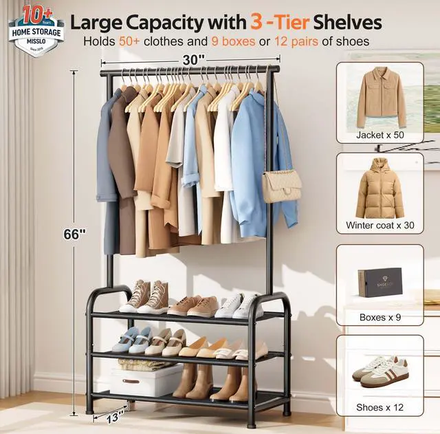 Alt view image 2 of 7 - Sturdy Clothing Racks for Hanging Clothes with 3 Shelves Garment Rack Heavy Duty Clothes Rack with Shoe Storage for Coats, Garment, Dress, Black