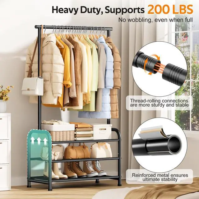 Alt view image 3 of 7 - Sturdy Clothing Racks for Hanging Clothes with 3 Shelves Garment Rack Heavy Duty Clothes Rack with Shoe Storage for Coats, Garment, Dress, Black