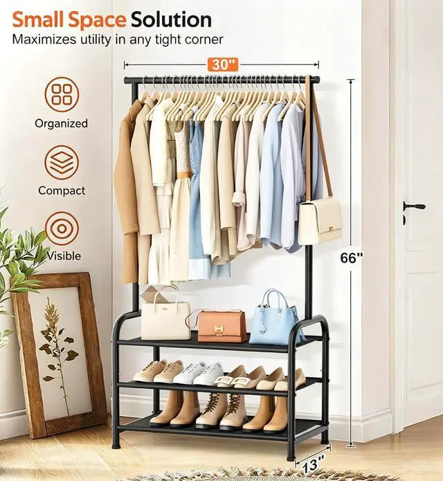 Alt view image 4 of 7 - Sturdy Clothing Racks for Hanging Clothes with 3 Shelves Garment Rack Heavy Duty Clothes Rack with Shoe Storage for Coats, Garment, Dress, Black