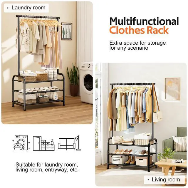 Alt view image 5 of 7 - Sturdy Clothing Racks for Hanging Clothes with 3 Shelves Garment Rack Heavy Duty Clothes Rack with Shoe Storage for Coats, Garment, Dress, Black