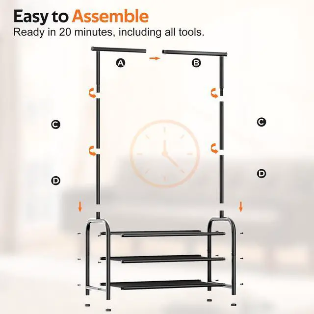 Alt view image 7 of 7 - Sturdy Clothing Racks for Hanging Clothes with 3 Shelves Garment Rack Heavy Duty Clothes Rack with Shoe Storage for Coats, Garment, Dress, Black