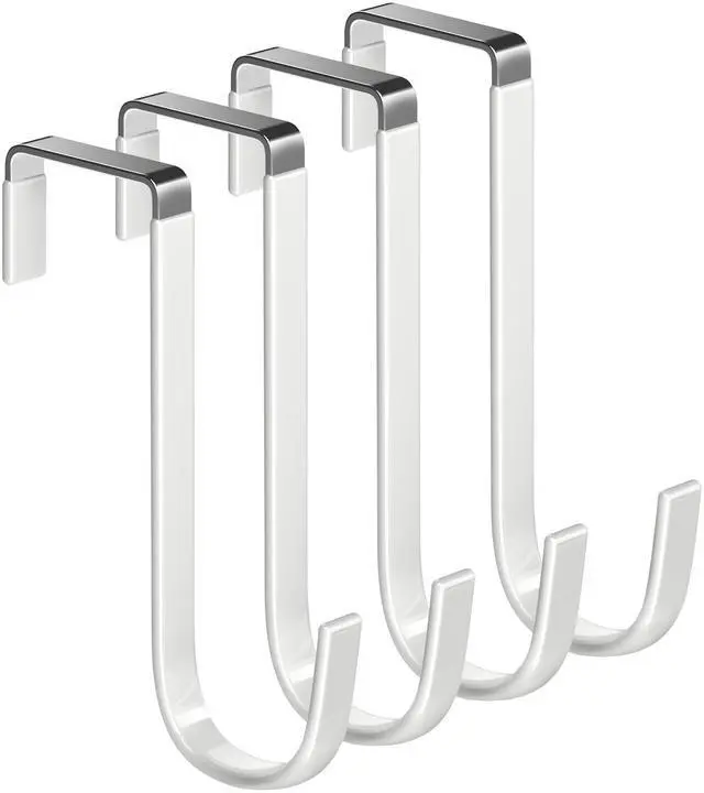Main image of Over the Door Hooks 4Pcs L=5.5" Fit 1 3/8" Door Steel with White Rubber Coating Hanging Towel Robe Clothing Hanger for Bathroom Room Wreath Ironing Board Holder Cute Thin Single Heavy Duty