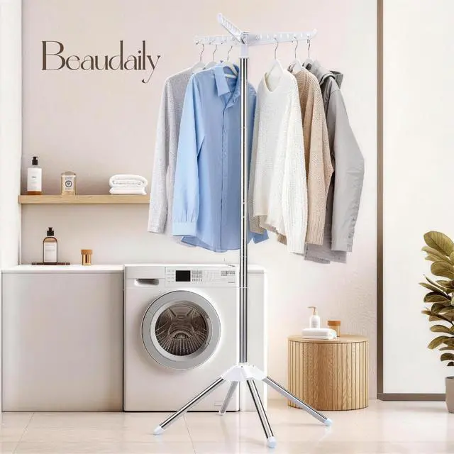 Alt view image 2 of 7 - Clothes Drying Rack, Foldable Laundry Drying Rack, Indoor 59-Inch Drying Rack Clothing with 3 Rotatable Arms, Stainless Steel, Holds 27 Pieces, Space Saving, Portable, White and Silver