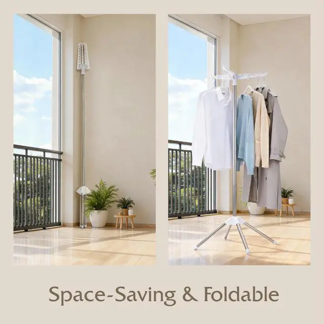 Alt view image 3 of 7 - Clothes Drying Rack, Foldable Laundry Drying Rack, Indoor 59-Inch Drying Rack Clothing with 3 Rotatable Arms, Stainless Steel, Holds 27 Pieces, Space Saving, Portable, White and Silver